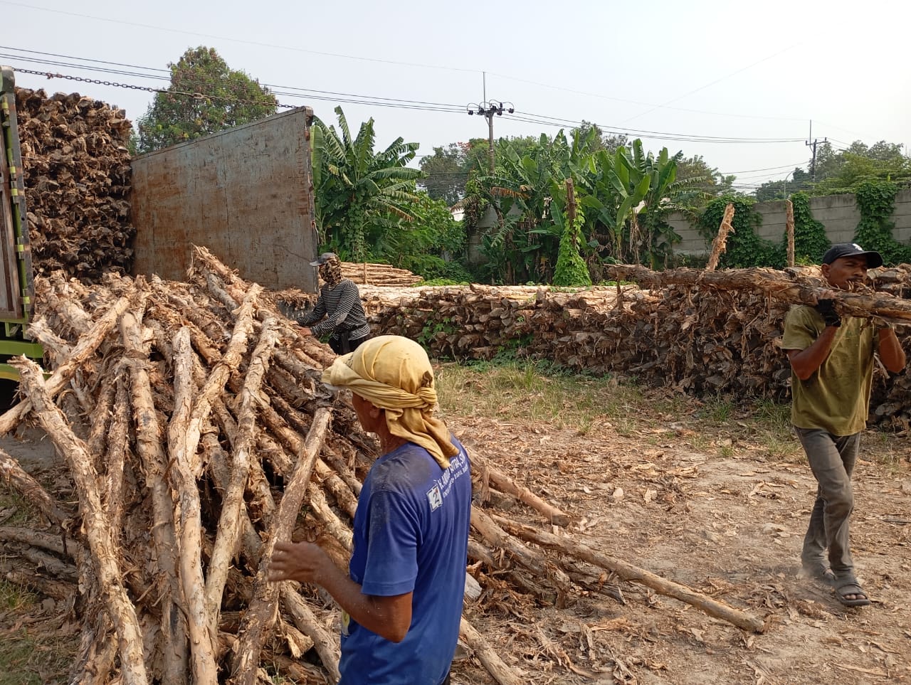 Bongkar muat kayu dolken gelam siap antar ke pelanggan di Bekasi — foto 1
